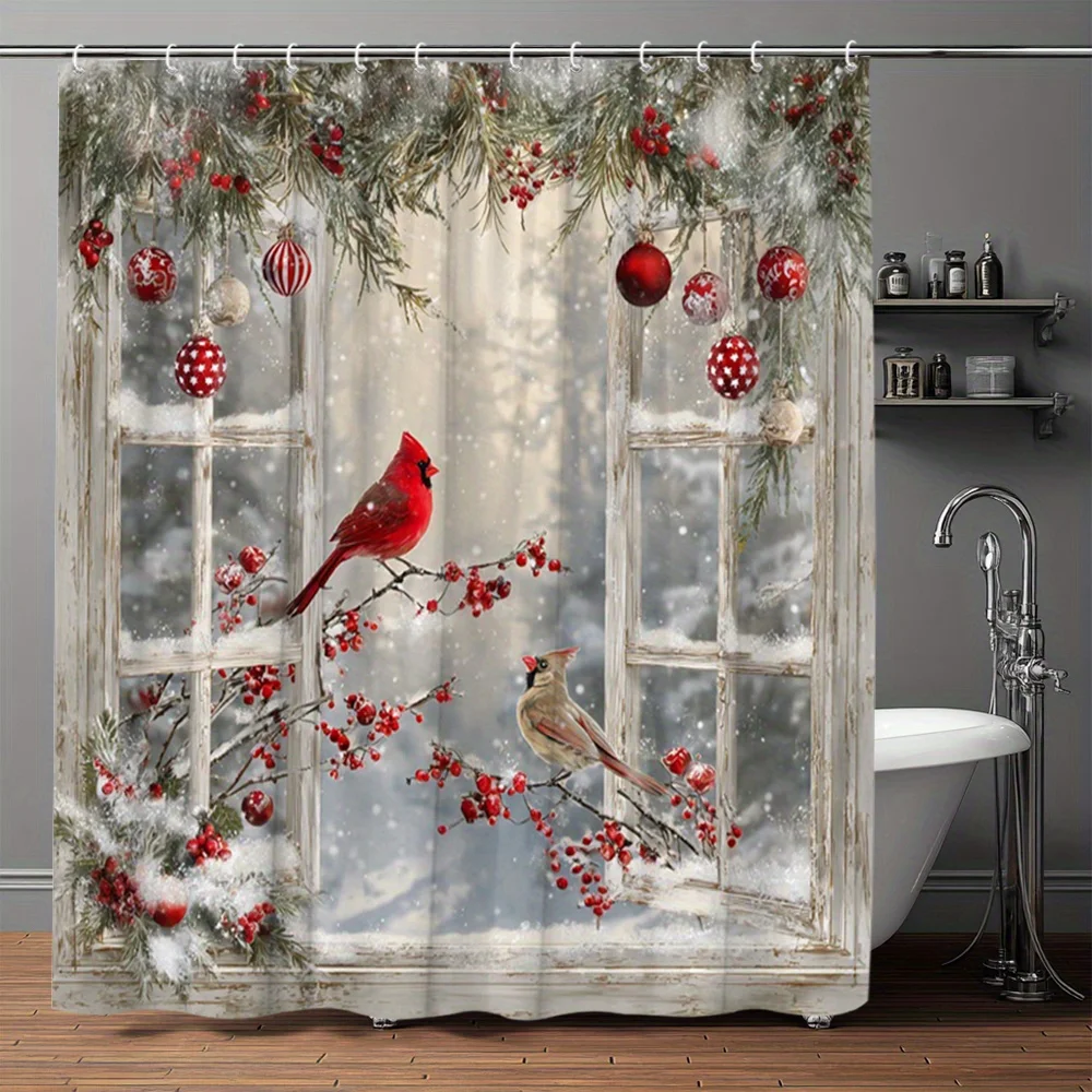 1pc Festive Shower Curtain, Red Cardinal Snowy Window Scene, With 12 Hooks, Christmas Winter Bathroom Decor