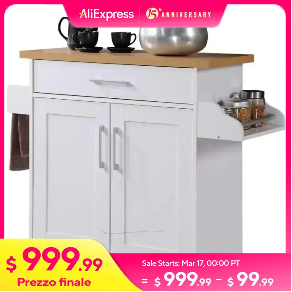 Kitchen Island with Spice Rack, Towel Rack & Drawer, White with Beech Top, 15.5 X 35.5-44.9 X 35.2 Inches, Easy To Assemble