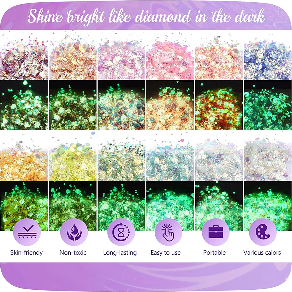 Eye Glitter Makeup Glow in The Dark Glitter Luminous Nail Face Hair Body Glitter Gel UV Holographic Face Chunky Glitter Festival