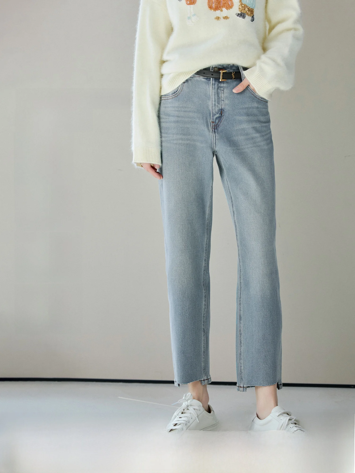 

Classic High Waist Nine-Tenths Denim Jeans Women's Spring Cigarette Pants Long Staple Cotton Twill Casual Style Ladies Jeans