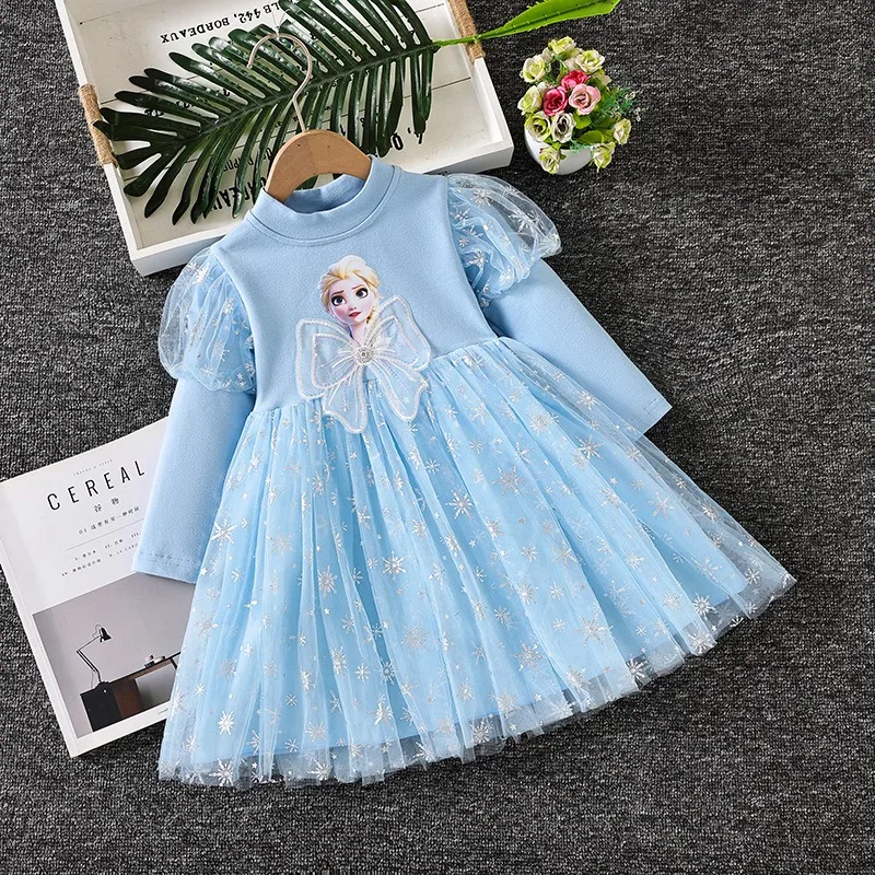 Disney Girls Dress Frozen Princess Dress Pink Long-sleeved for Children Gauze Kids Dress Elsa Anna Birthday Party Clothes 1-8T