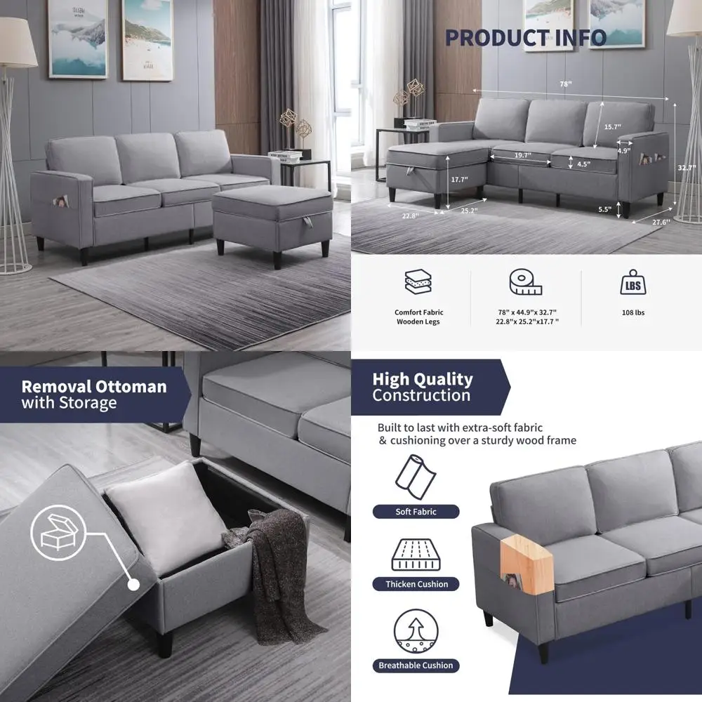 

Modern Linen Fabric L-Shaped Sectional Sofa with Movable Storage Ottoman and Side Pockets, Convertible Couch for Comfortable Sea