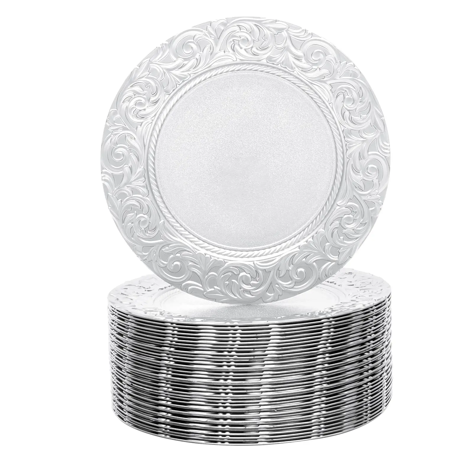 

Thanksgiving day Gift 100 Pcs Silver Charger Plates Bulk, 13 In Round Charger Plates, Reusable Serving Silver Plate Chargers wit
