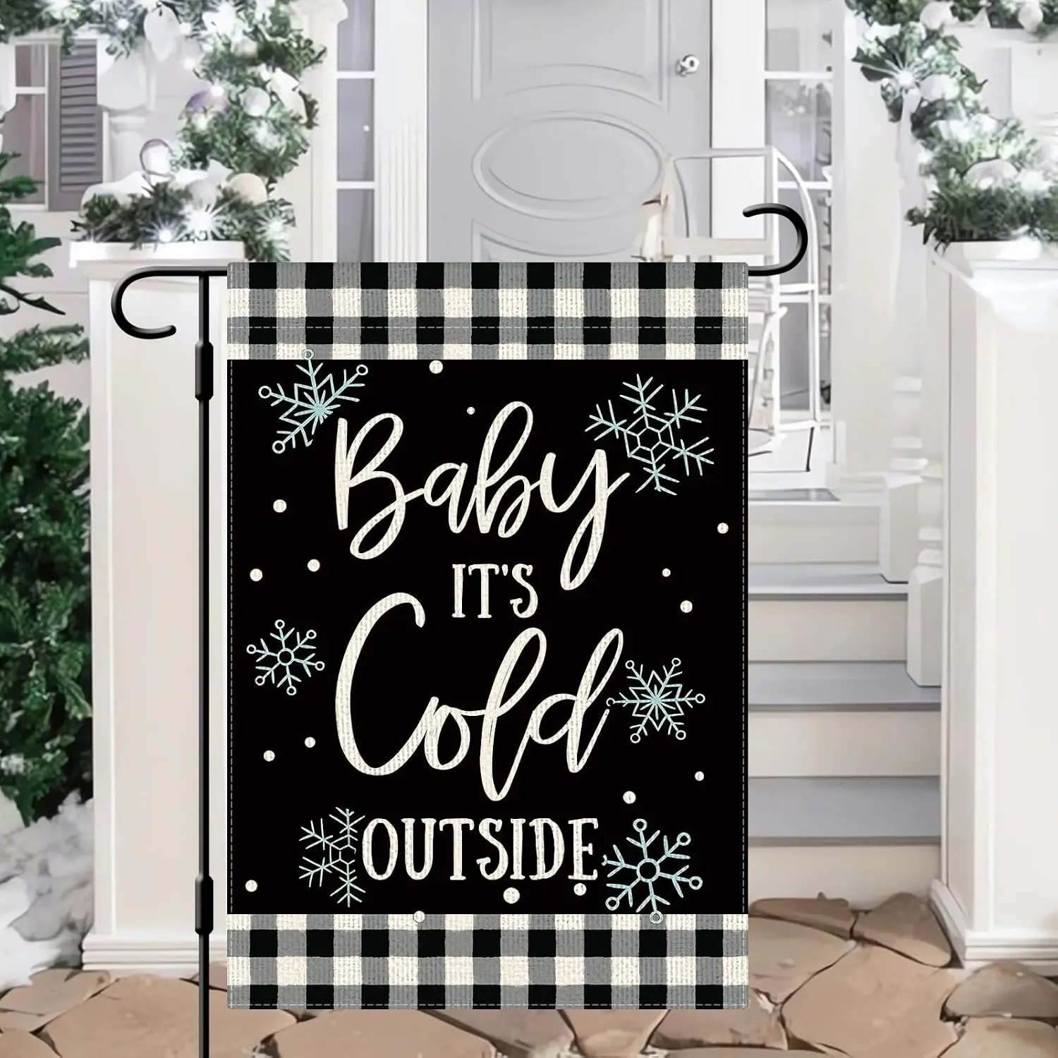 DLZDN Baby It's Cold Outside Garden Flag Winter Snowflake Garden Flag 12×18 Inch Double Side Buffalo Plaid Check Rustic  jaa