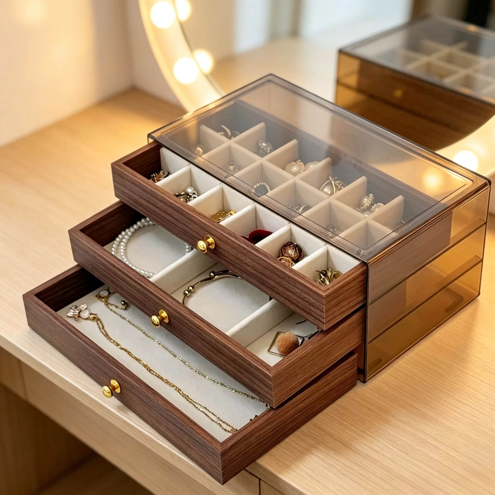 Walnut Wood Jewelry Storage Box 3 Drawers Dust-Proof Jewelry Display Case for Women Accessories