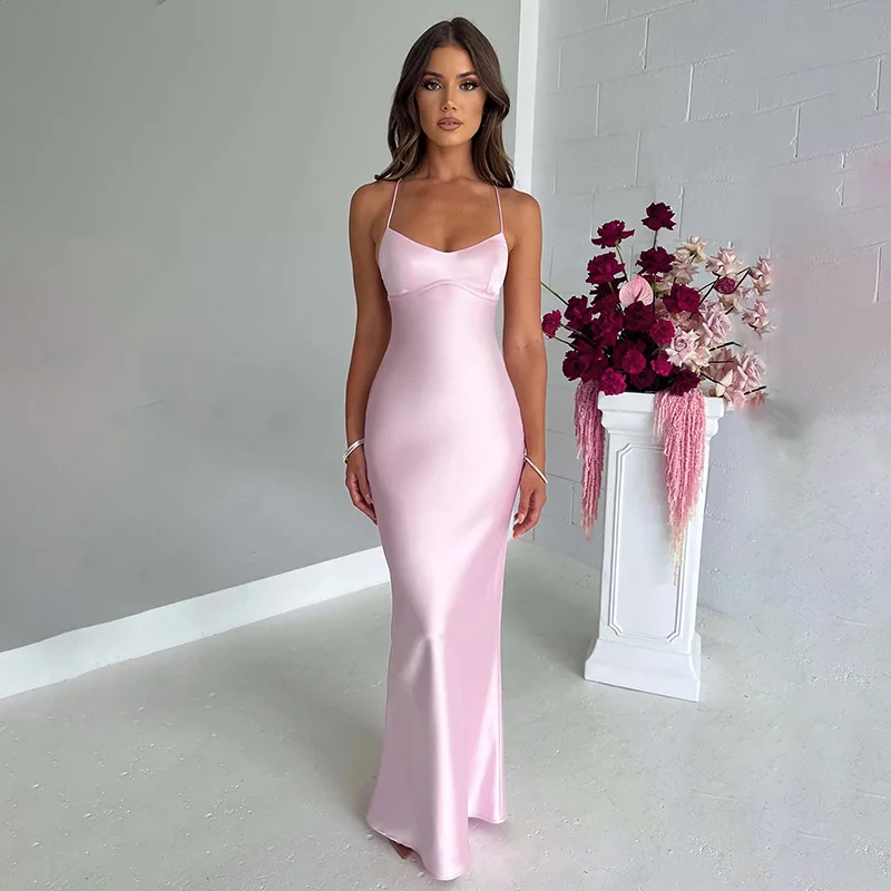 Damen Spaghettiträger Satin rückenfrei Sexy Kleid Sommer Schönheit Elegantes Party Abendkleid Enges langes Kleid