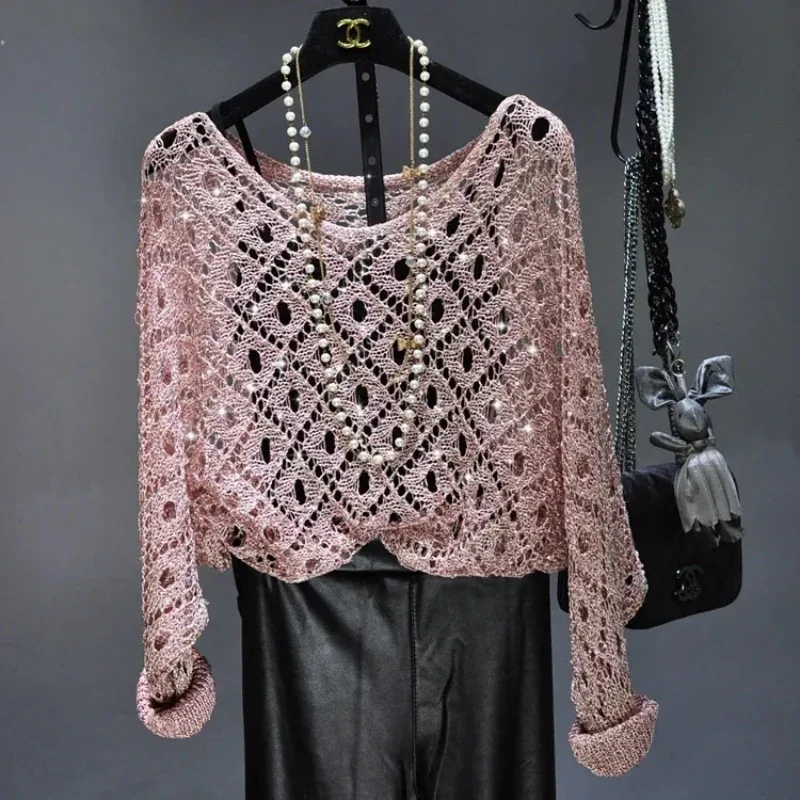 Herfst Kleding Voor Vrouwen 2024 Mode Sexy Pailletten Hol Losse Goud Heldere Zijden Jurk Vleermuizen Lange Mouwen Ronde kraag Breien