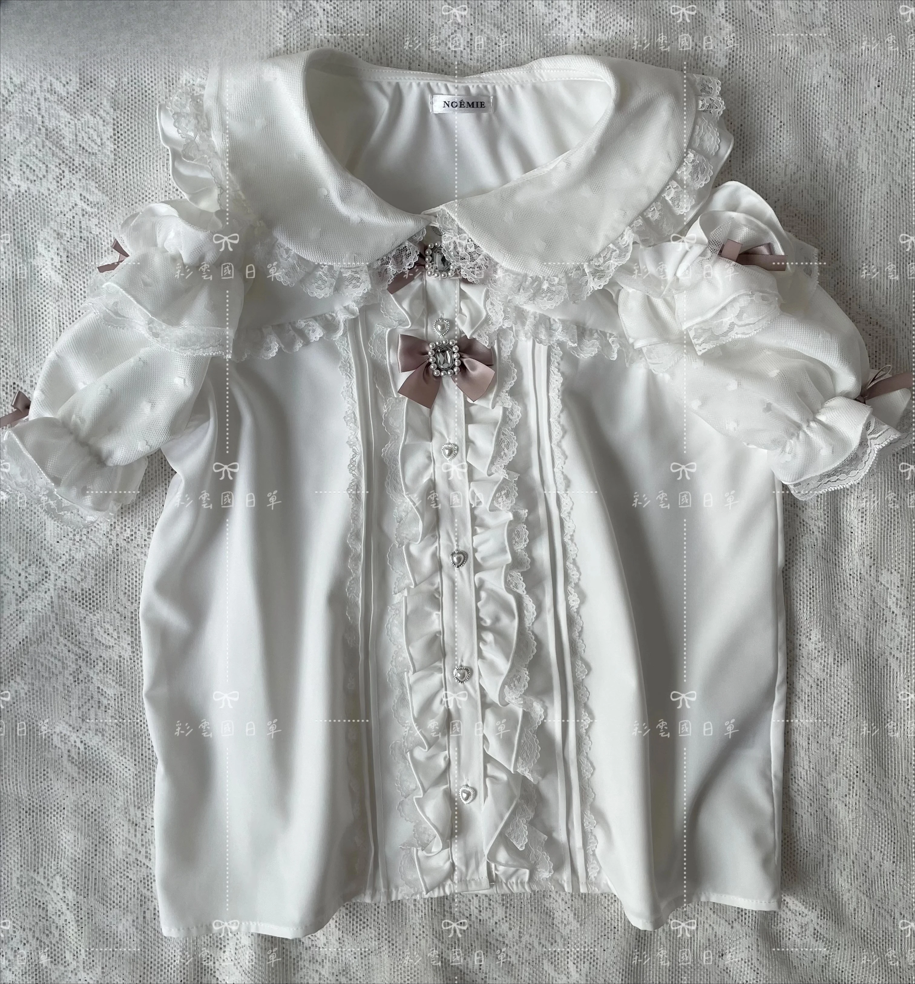 Short-sleeved New Sweet Girls Versatile Top Japanese Mine Series Mass-produced Lace Splicing Off-shoulder Doll Collar Shirt