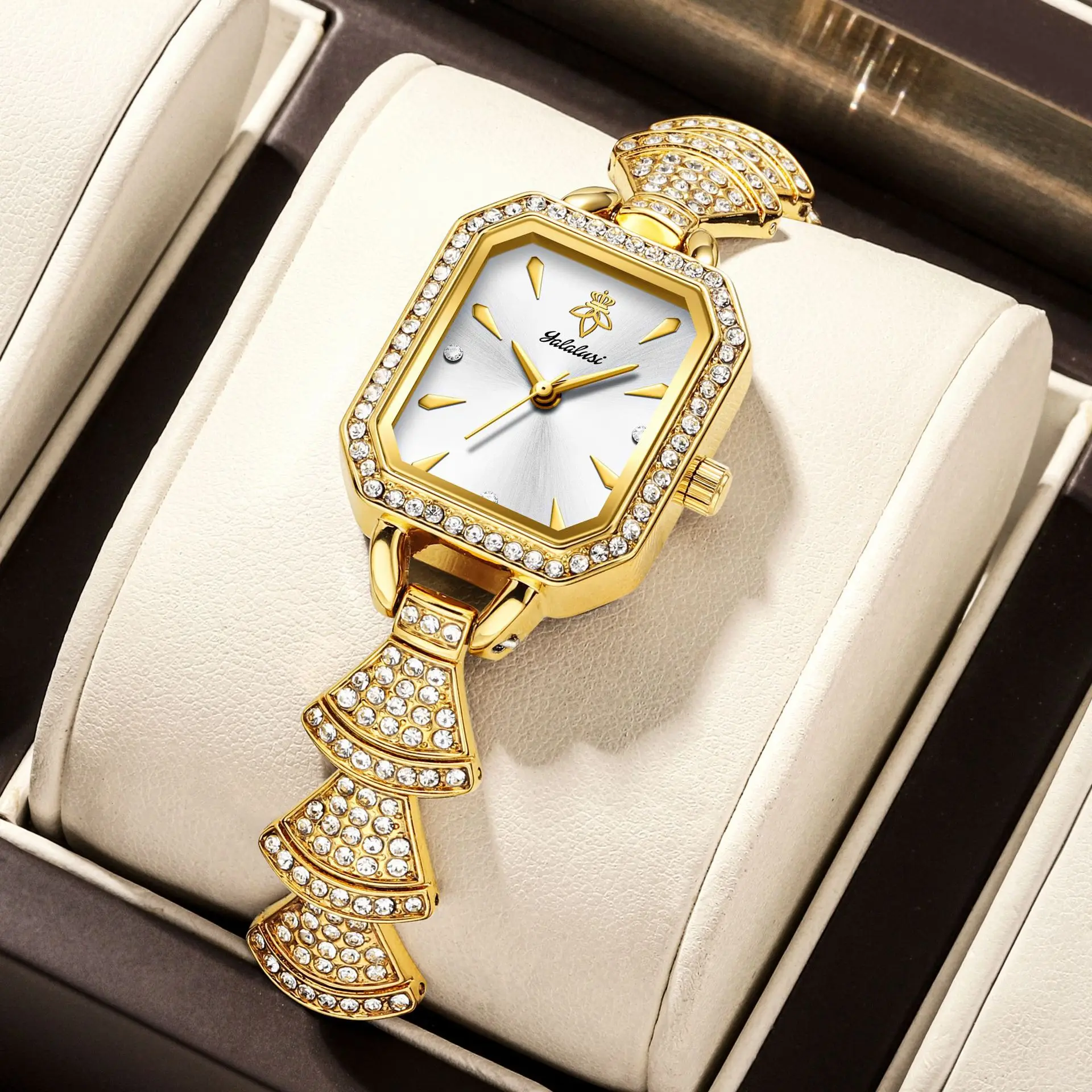 Yalalusi Diamond Engraved Square Dial Women's Watch - Luxury Beaded Golden Style for Ladies