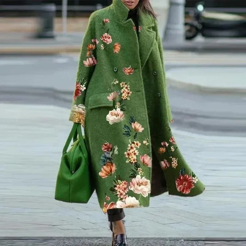 Cárdigan largo con estampado Floral para mujer, chaqueta de manga larga con bolsillo, abrigo de mezcla de lana elegante para otoño e invierno, 2023