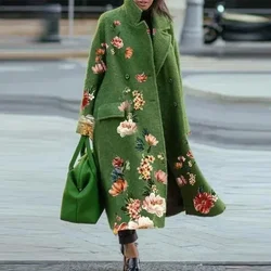 Autumn Street Lady Long Cardigan Coats Fashion Floral Print Pocket Long Sleeve Jacket 2023 Winter Women Elegant Blend Wool Coat