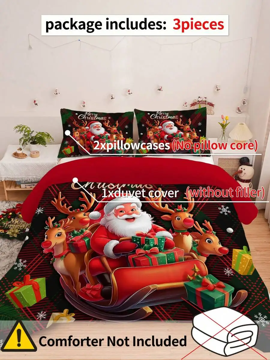 3pcs Christmas Bedding Set:Soft & Comfortable Made Of 100% Polyester Fabric Santa Claus & Sled Pattern Suitable For Bedroom