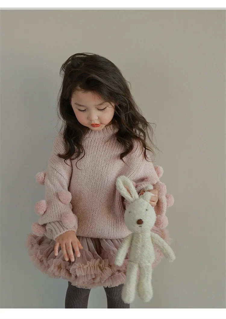 Girls Clothes Lovely and Sweet Pullover Top Kids Sweater and Cute Skirt Solid Cute Hairball O-Neck Casual Autumn Winter Warm