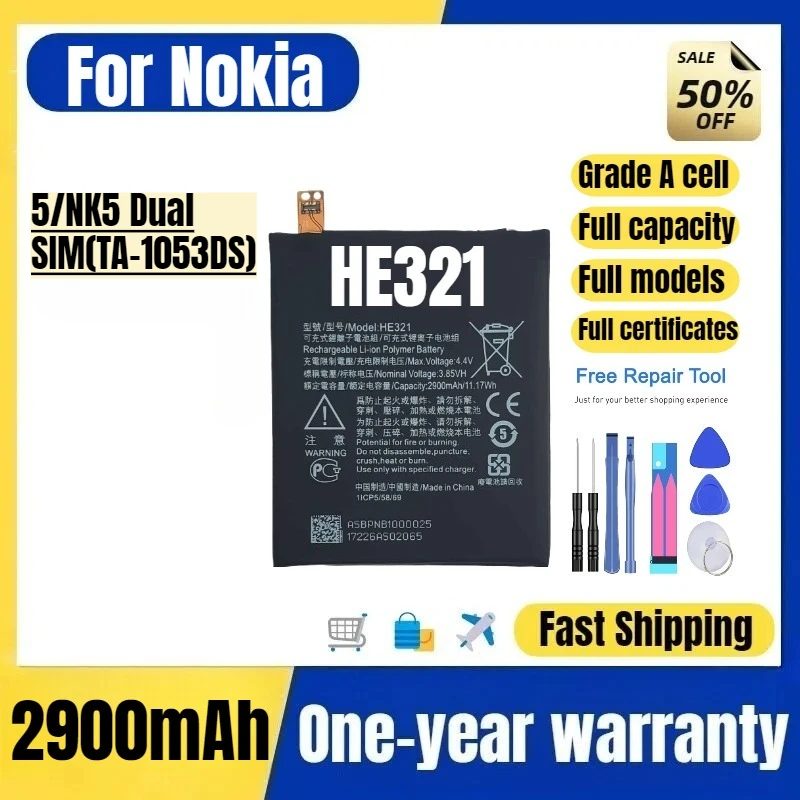

HE321 for Nokia 5/NK5 Dual SIM(TA-1053DS) Phone Battery High Quality High Capacity Replacement Bateria Grade A Cell with Tools