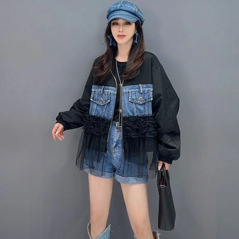 Women Mesh Ruffles Spliced Denim Coat Gauze Ruched Patchwork Baseball Suit Jeans Jacket Loose Streetwear Zipper Cardigan Tops