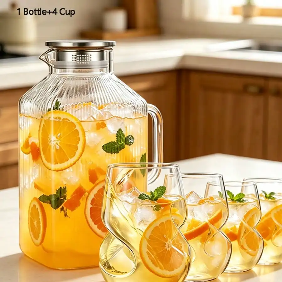 Grinkwell 1PCS/2PCS Glass Pitcher (Single Unit), 128oz High Borosilicate Glass Cold Water Pitcher With Stainless Steel Lid; Suitable For Refrigerators, Tea, Milk, And Outdoor Camping