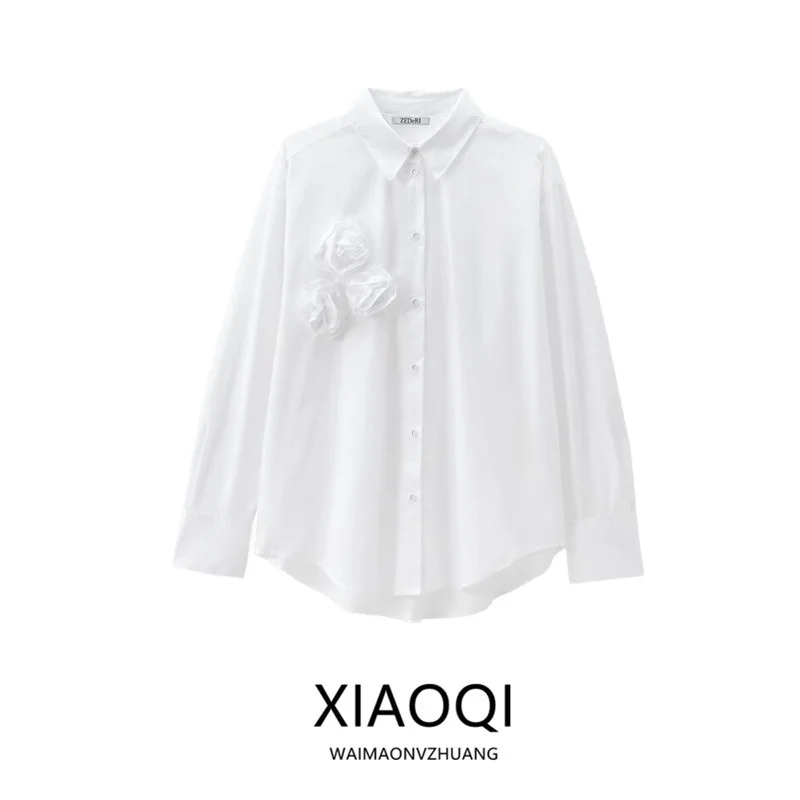 Csas de manga larga con cuello vuelto decoradas con flores texturizadas, blusa hoada a la moda para otoño e invierno, re...