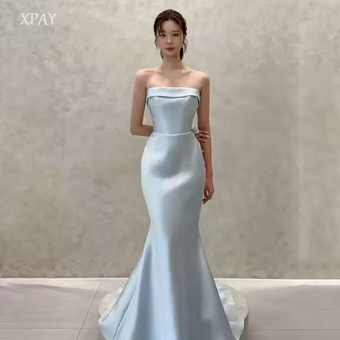 XPAY Baby Blue Strapless Evening Party Dress Mermaid Wedding Ball Gown A-line Korea Photo shoot Prom Dress Customized 웨딩드레스