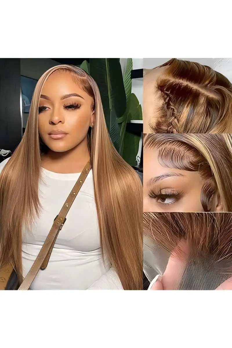 

13x4 Highlight Ombre Straight Lace Front Wigs Human Hair 250% Density Pre Plucked #4/27 Colored Honey Blonde Frontal Wigs