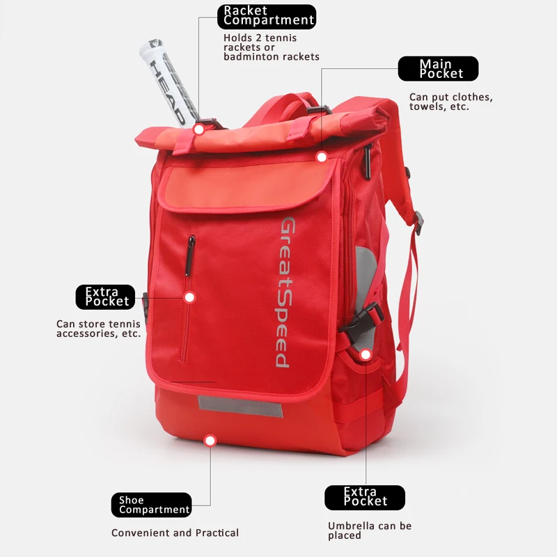 Fashion Tennis Bag Sports Gym Backpack Badminton Bag Tennis Racket Bag Waterproof Travel for Men Women with Show Compartment