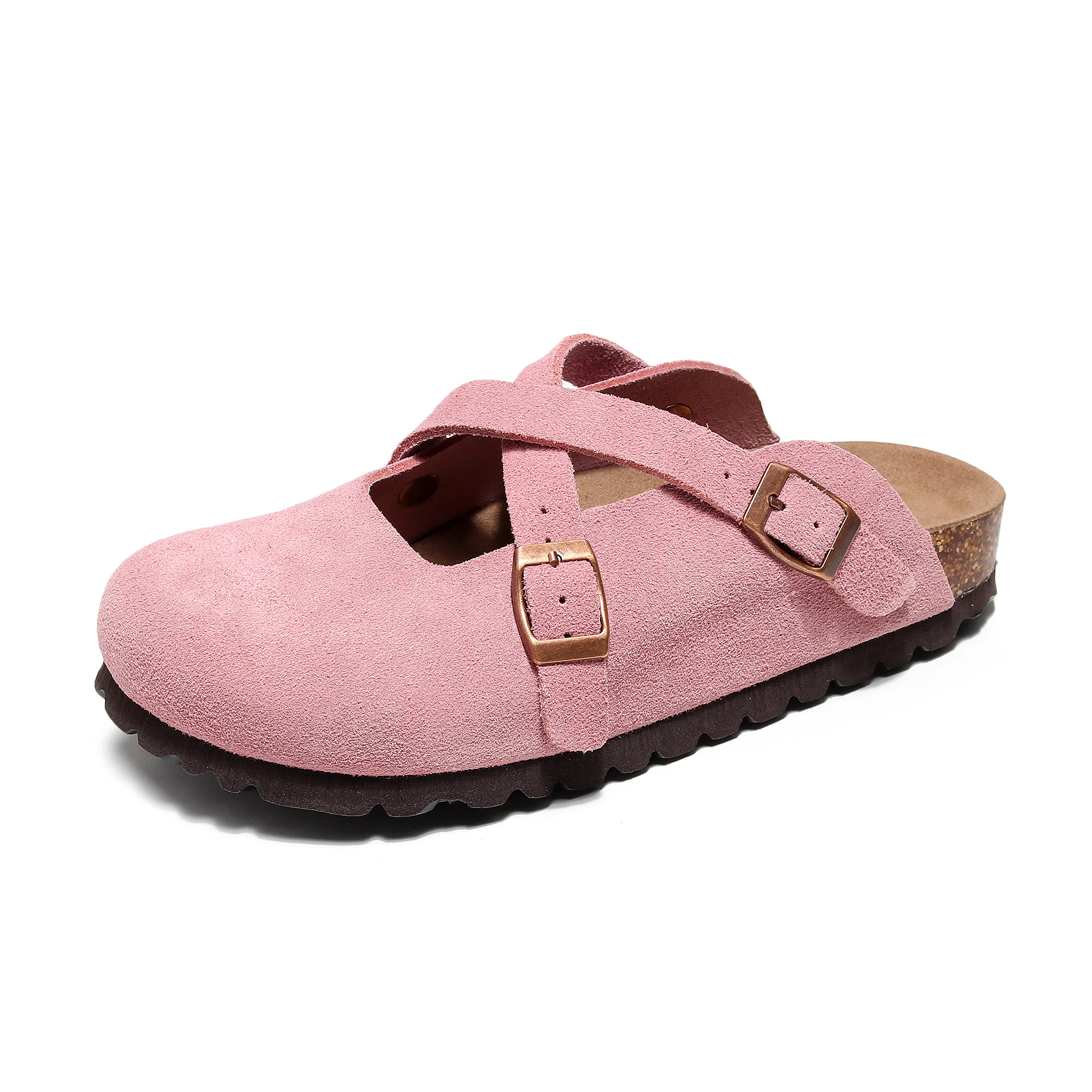 2 Cross Strap Cork Clogs Buckle Decor Mules Round Toe Backless Flats Slip-on Shoes For Women Men Unisex Beach Slippers