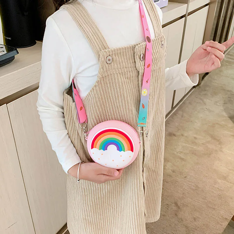 Donut Round Crossbody Bag Kid Toddler Girl Children Shoulder Handbag Adjustable Strap Holiday Travel Rainbow Printed Pocket Pack