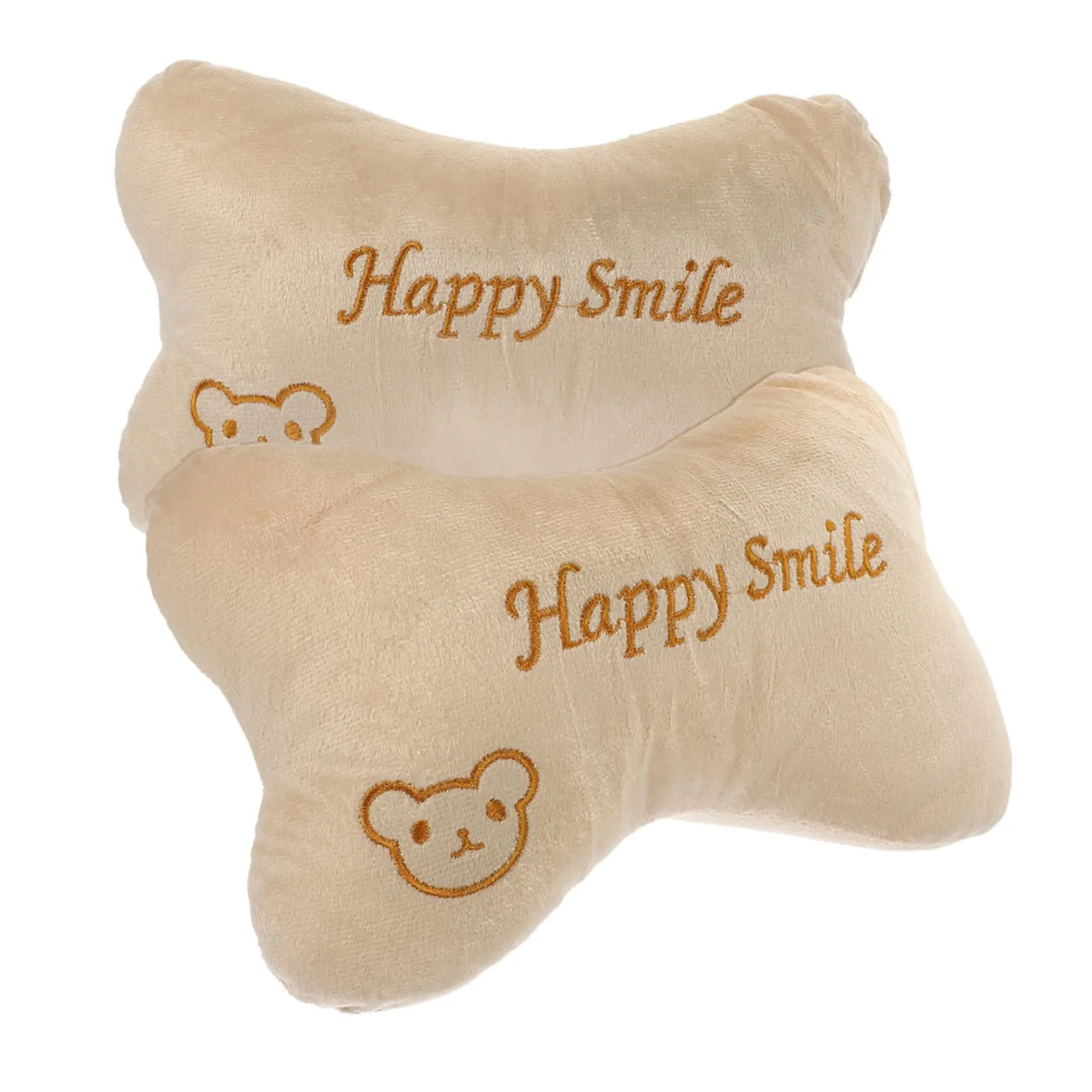 

2pcs Beige Plush Neck Support Pillows With Embroidered Bear And Happy Smile For Car Travel Sleep