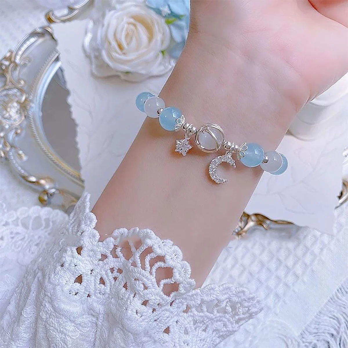 Princess Girls Star Moon Bracelet Blue Purple Color Opal Stone Bracelet for Kids Shiny Crystal Bracelets Wristband Jewelry Gift image 4
