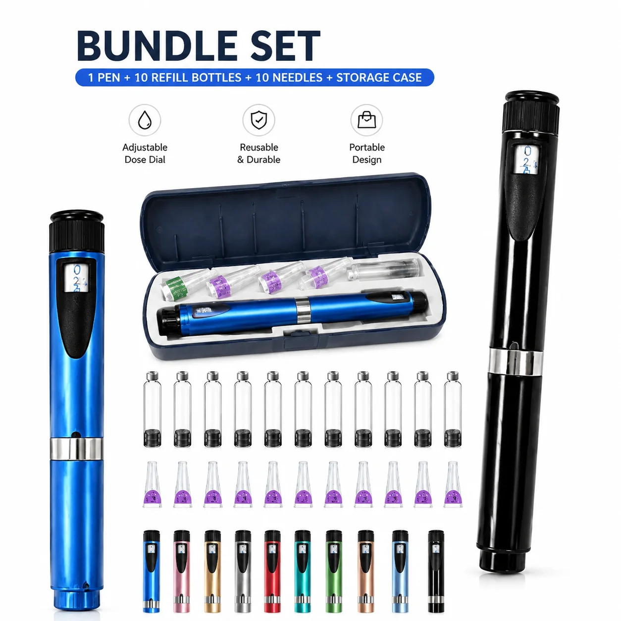 Reusable Injection Pen with 10Pcs 3Ml Cartridges Set Portable Insulin Injection Pens Adjustable Dose Dial Injection Pens