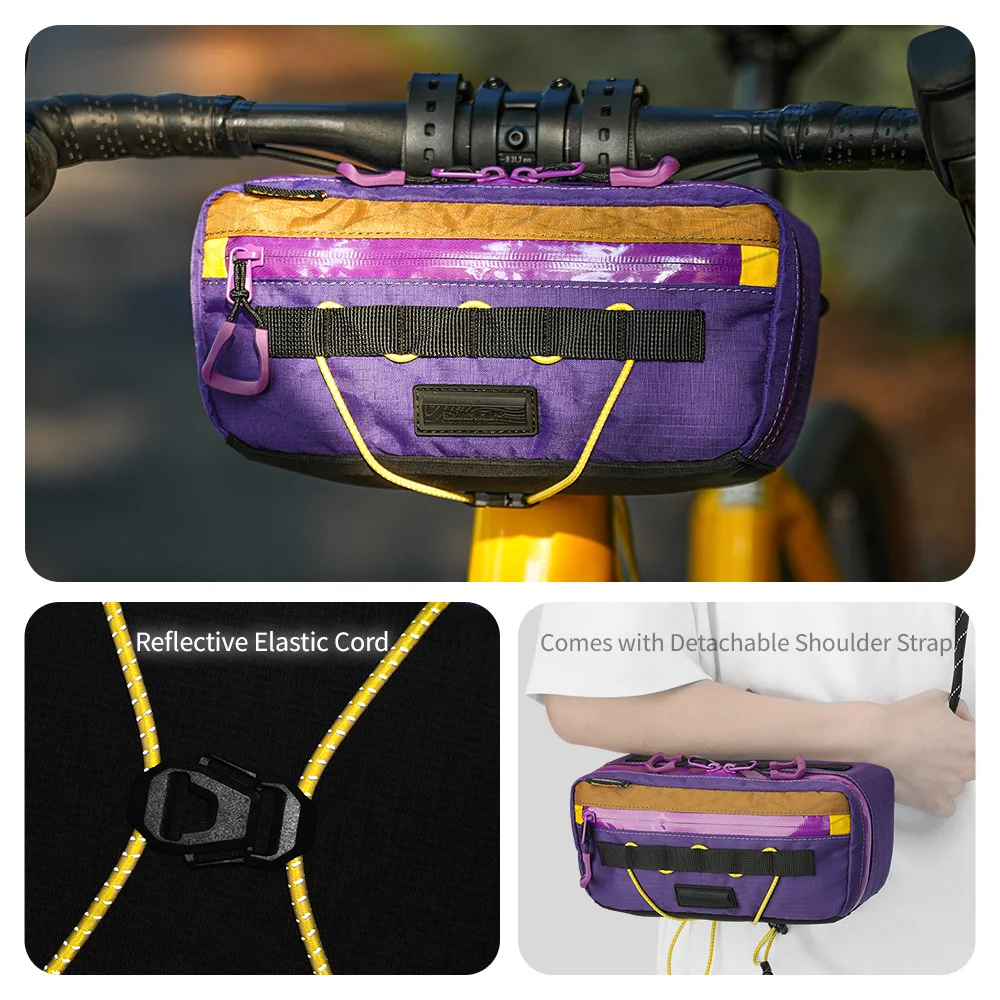 Rhinowalk Bike Handlebar Bag 2.5L Cycling Front Storage Bag Multi-Compartment Reflective Elastic Cord Shoulder Bag Universal Fit