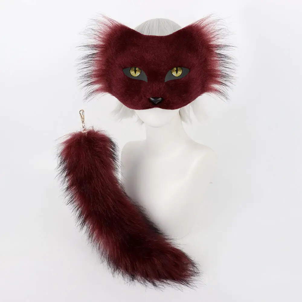 Halloween Cosplay Akcesoria Zwierzęcy Kot Cos Maska na Pół Twarzy z Ogonem 2-częściowy Zestaw z Farbą Personalizowana Maska DIY Pluszowy Ogon Rekwizyty Zwierzęce