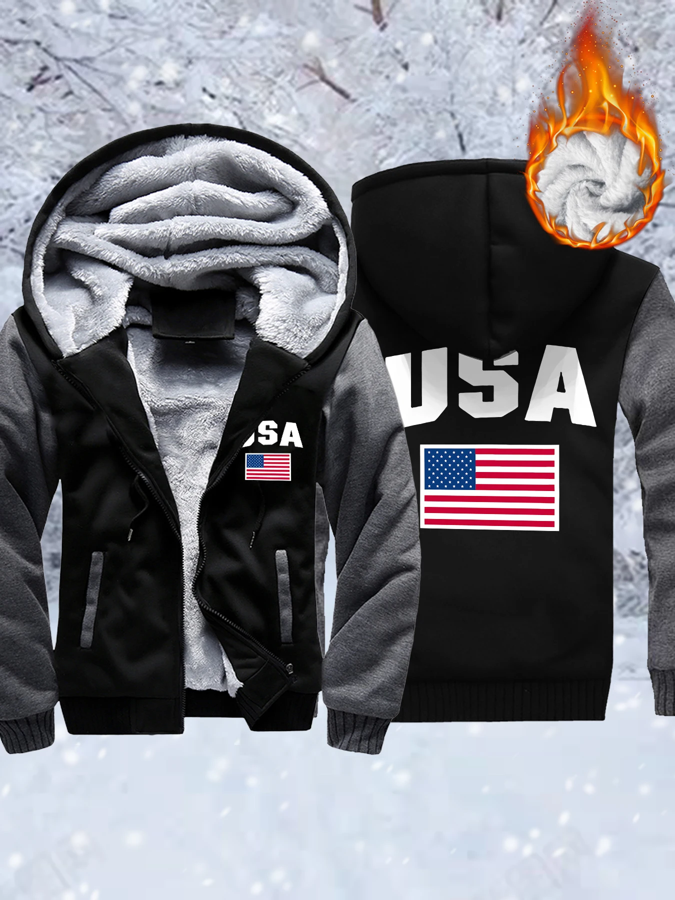 

Usa And Flag Print Male Winter Zip-Up Jackets Fleece Basics Hoodie Thicken Warm Veste Comfy Soft Streetwear Oversized Clothes