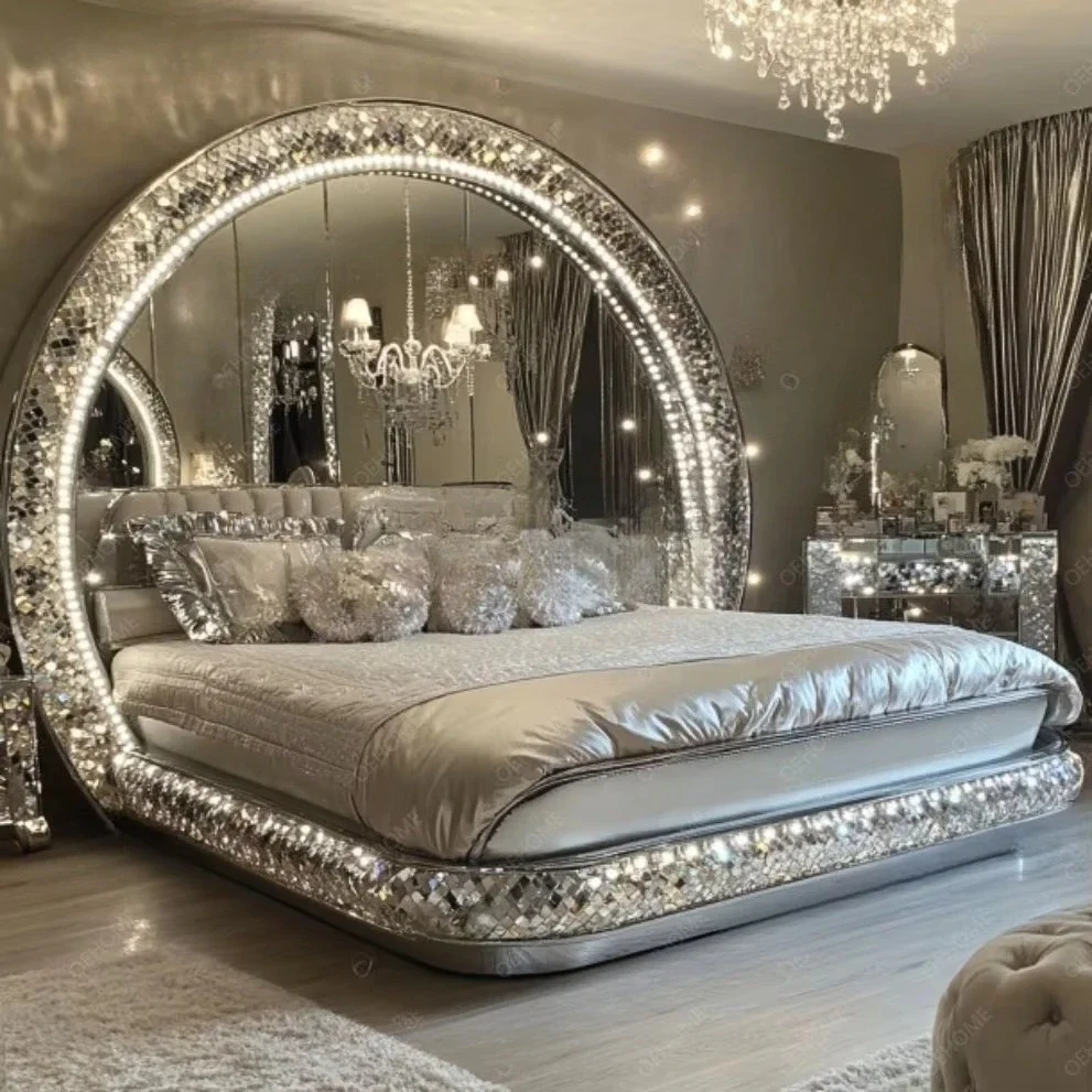 Modern Diamond Mirror Bed Bedroom or Hotel Villa Luxury Furniture