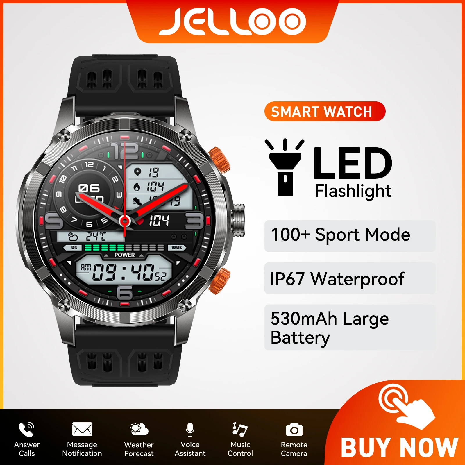 

JELLOO Military Smart Watch for Men LED Flashlight Watch 1.7" HD Screen Heart Rate Monitor Blood Oxygen Rugged Sports Smartwatch