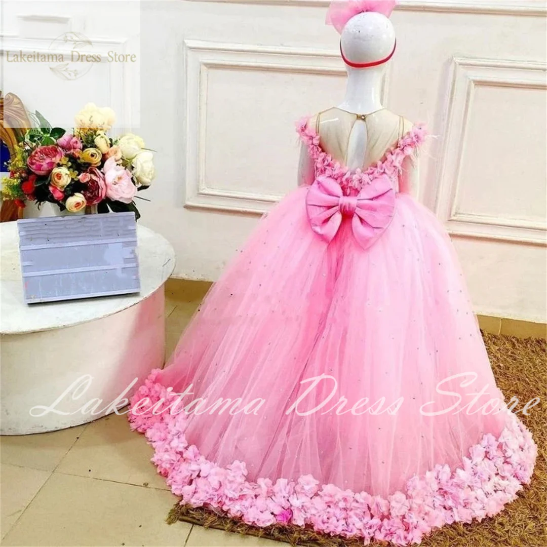 Blumenmädchenkleider für die Hochzeit, rosa Applikation, bauschiger Tüll, bodenlang, mit Schleife, Kleid für Kinder, Party, Geburtstag, Prinzessin, Ballkleid