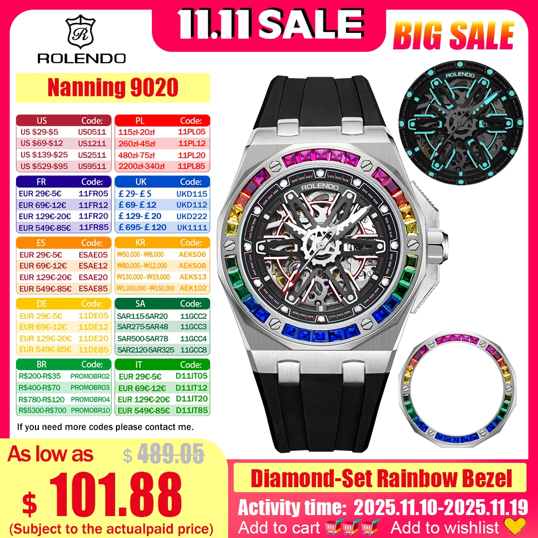 

ROLENDO Diamond-Set Luxury Automatic Watch for Men With Rainbow Bezel 43MM Sapphire Crystal Silicone Strap Cool Waterproof watch