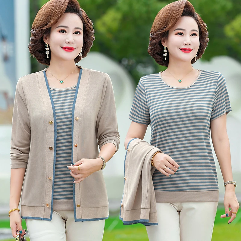 2pcs/set Middle Age Women Long Sleeve Knitted Cardigan Top striped T-shirt Spring Fall Mother Clothing Camisetas Mujer