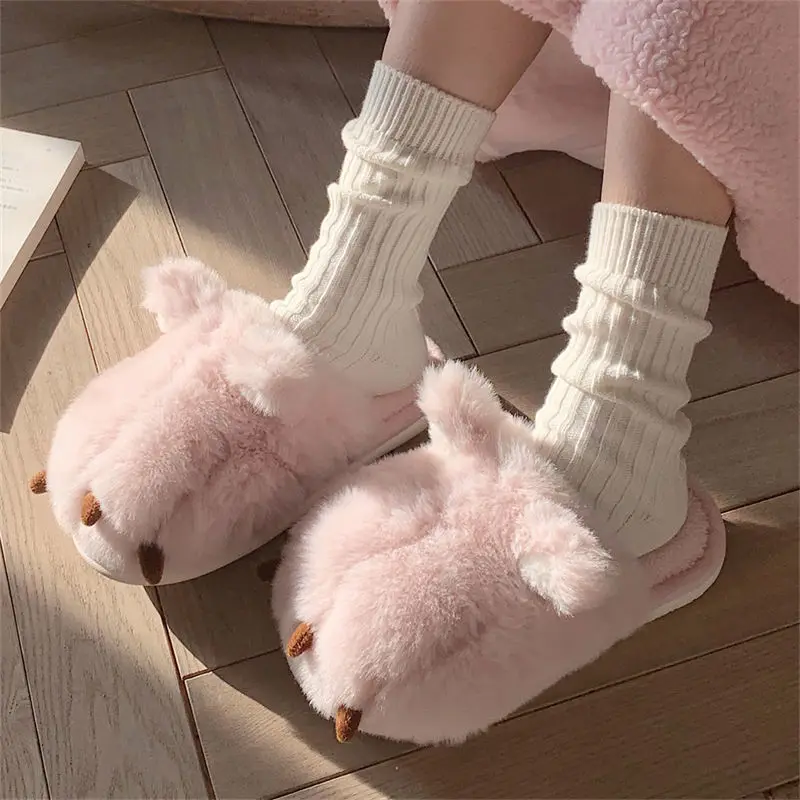 home Cat Paw Fluffy Slippers Women\'s Winter Warm Mules Shoes Girls Fur Slides Slipper Woman House white  Shoes Kitten Ear Design