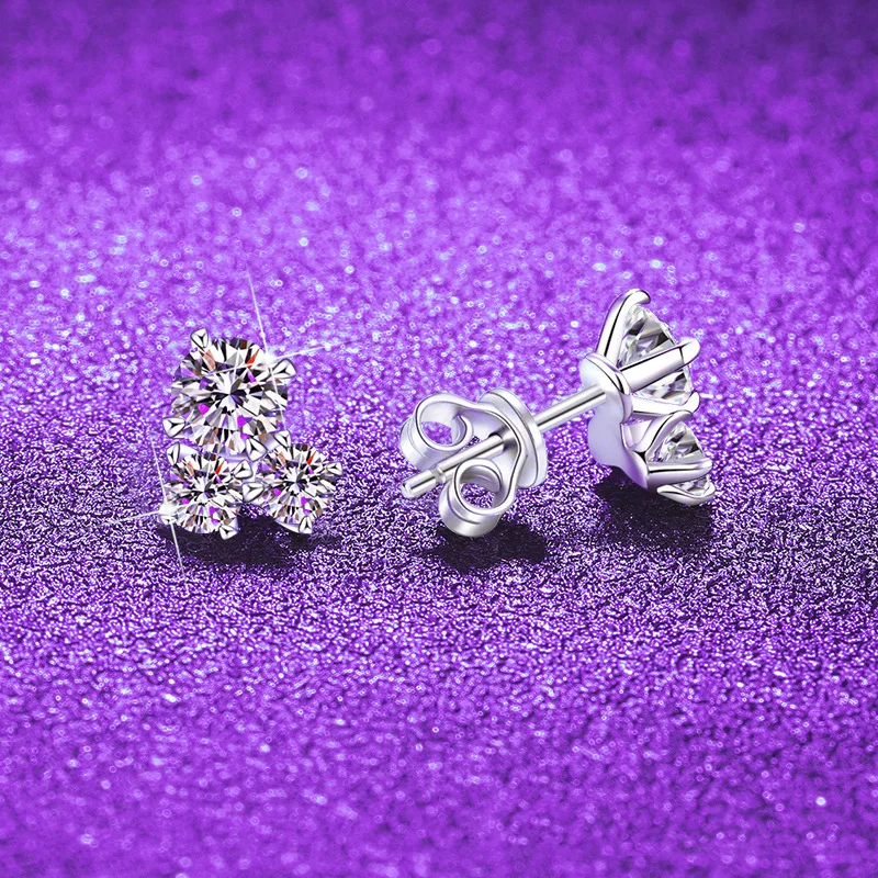 

S925 Silver White Gold Plated 2.2CT D Color Moissanite Three Lives Stone Stud Earrings for Women, Exquisite Jewelry.