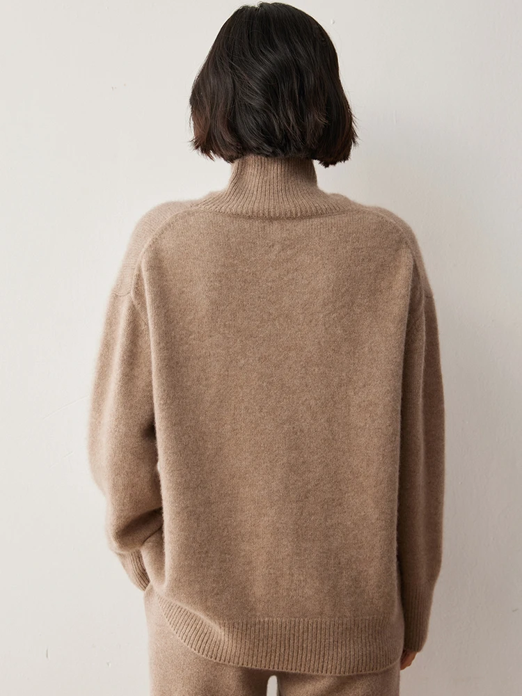 Women Autumn Winter 100% Goat Cashmere Turtleneck Pullover Sweater Soild Soft Light Luxury Loose Basic Versatile Knitted Tops