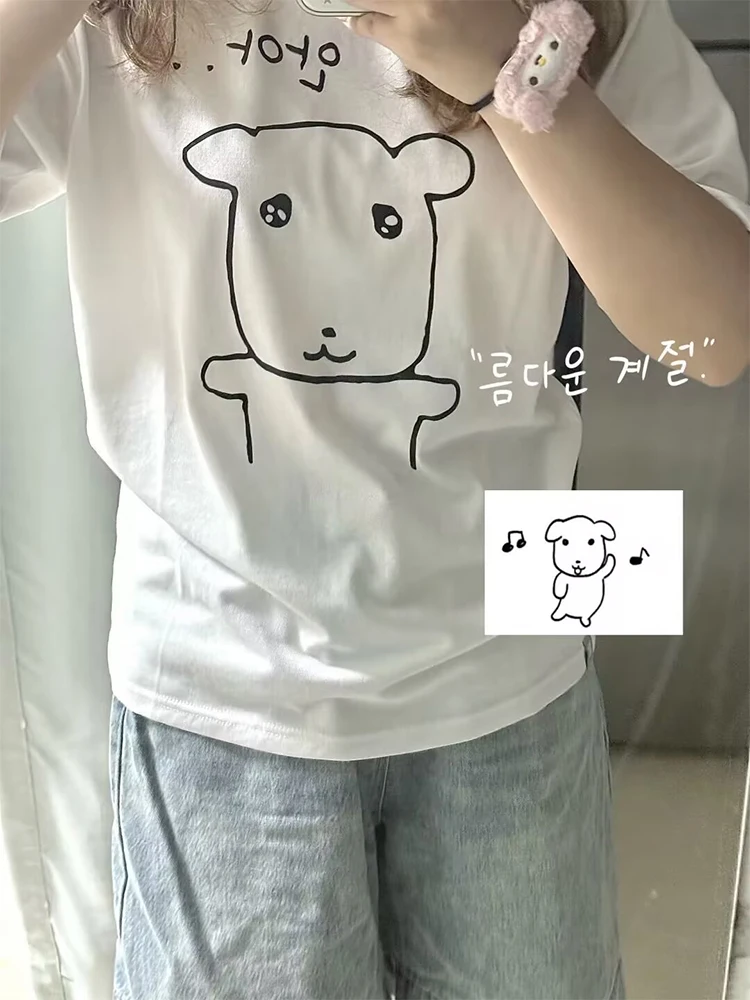 Summer Women Soft Cotton Oversized T‑Shirt Minimalist Kawaii Bear Sketch Korean Hand Letter Print Round Neck Streetwear LooseTop