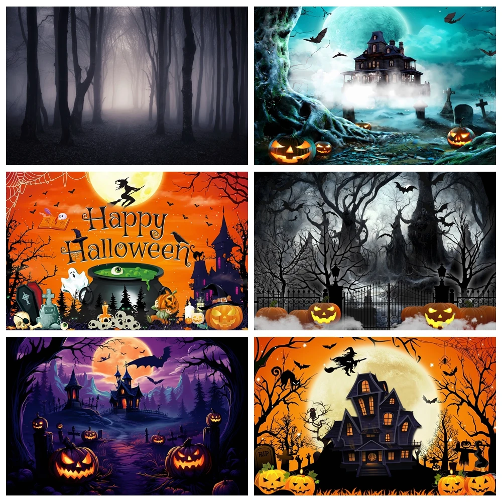 

Happy Halloween Backdrop for Kids Horror Night Moon Scary Cemetery Witch Castle Pumpkin Family Portrait Photography Background