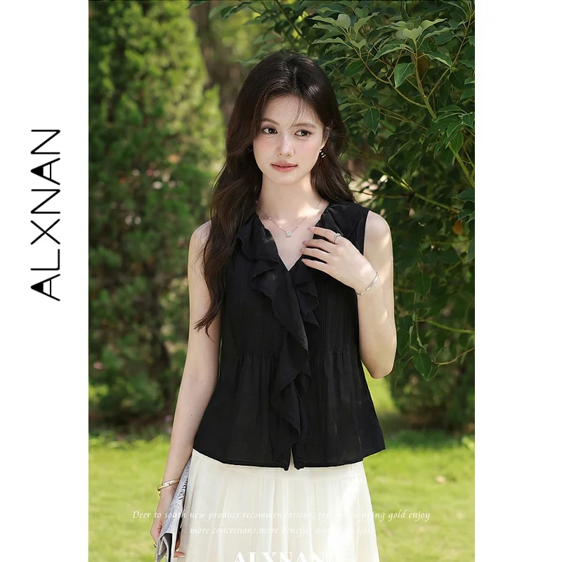 ALXNAN Women's Black Sleeveless V-neck Tanks Front Ruffle Trim 2026 Summer Slim-fit Elegant Casual Female Clothing L66158A