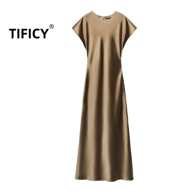 

TIFICY Summer Women's New Short Sleeved Round Neck Cinched Waist Slimming High-end Stain Texture Streetwear Midi Dress