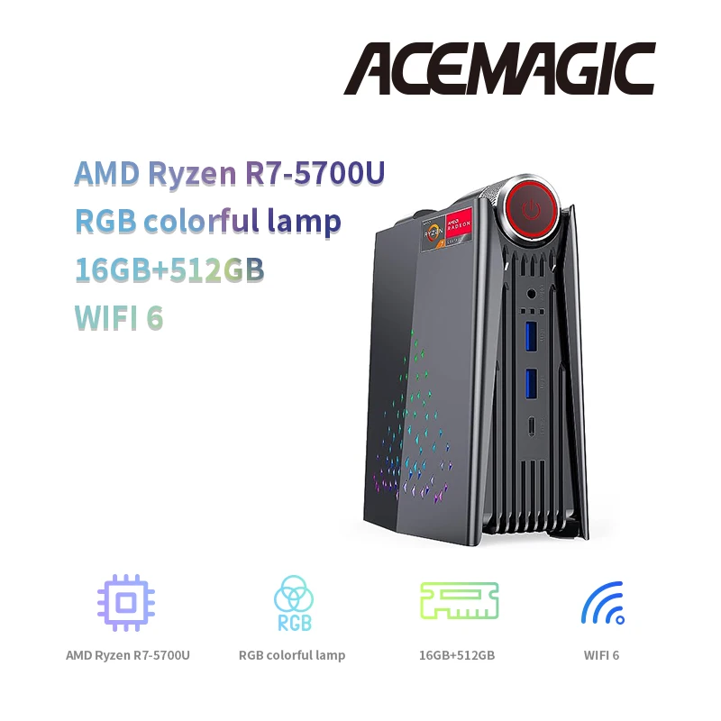 ACEMAGIC AMR5 Mini PC AMD Ryzen 7 5700U DDR4 16G SSD512GB Windows 11Pro RGB Colorful Breathing Light