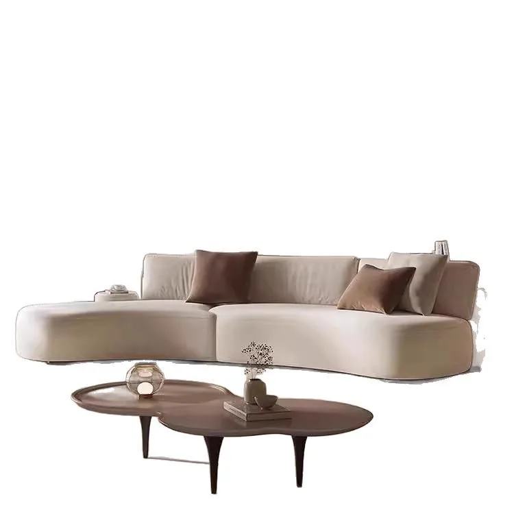 Semi-circular modular living room, uniquely shaped italian minimalist villa master design, multi-seater public area fabric sofa