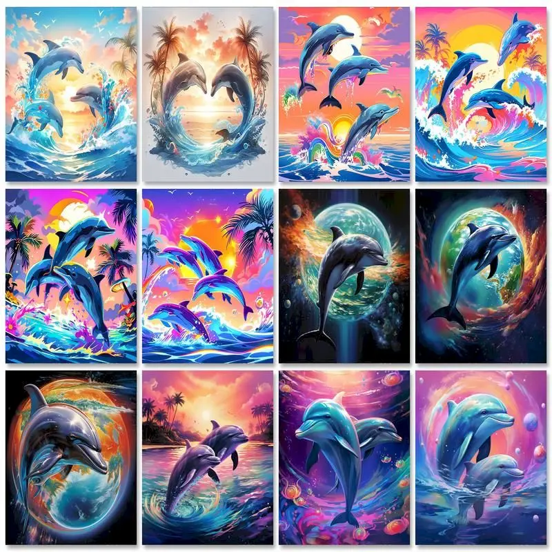 GATYZTORY Modernes Malen nach Zahlen für Erwachsene, springende Delfine, Zahlenmalerei, Raumdekorationen für Erwachsene, Acrylfarben