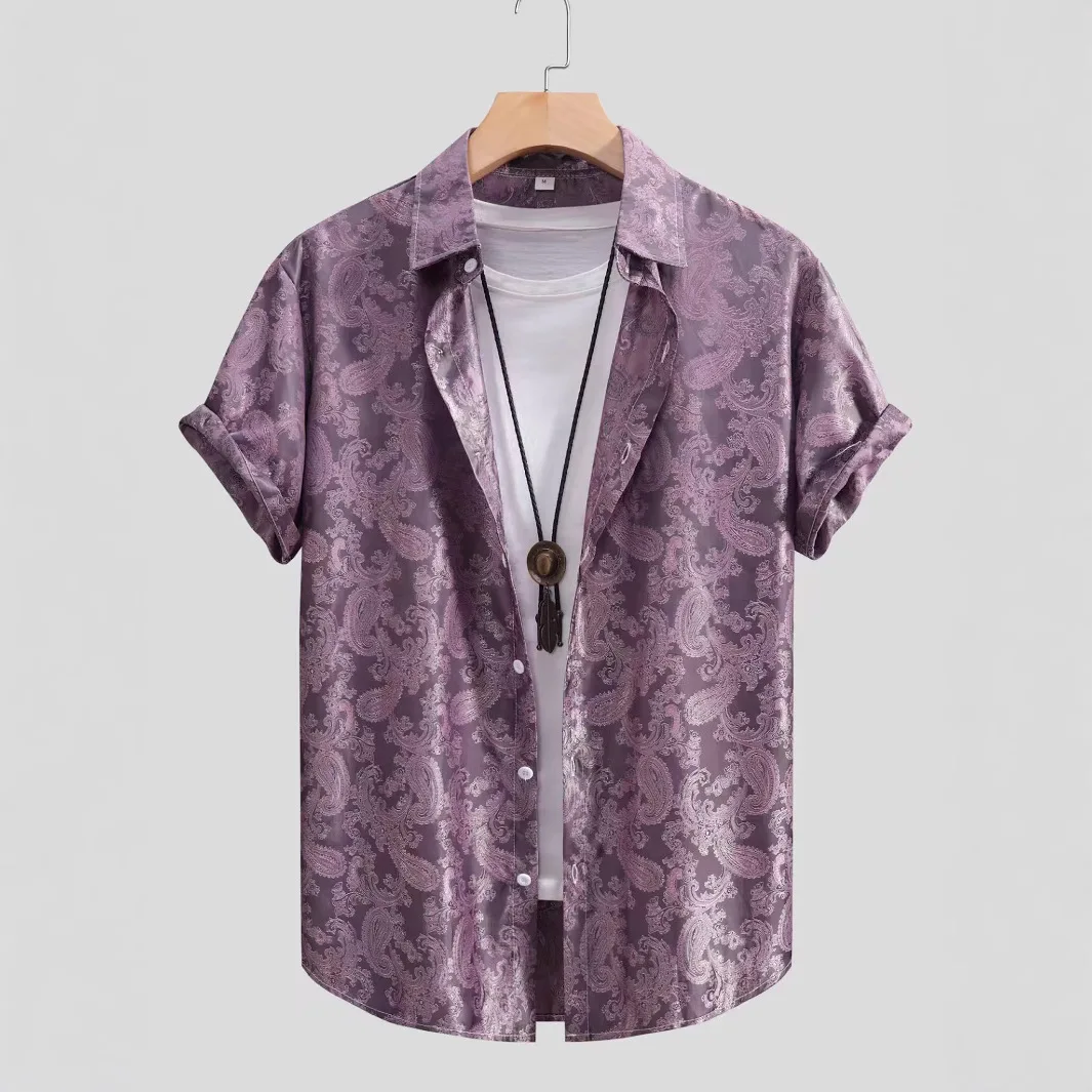 Men's Casual Short Sleeve Jacquard Shirt Fashion Comfortable Loose Fit Floral Pattern Button up Shirt for Summer