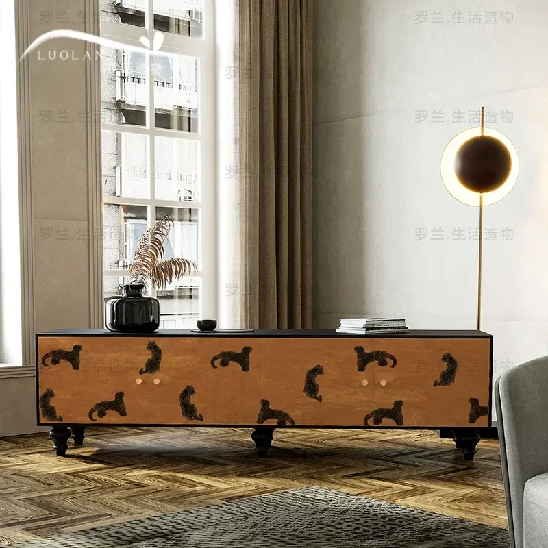 Leopard Print TV Cabinet Solid Wood Living Room Decorative Storage Unit Bedroom Bedside Integrated Display Locker Furniture