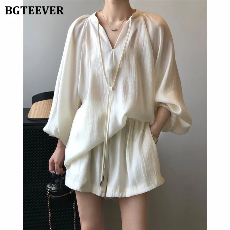 

BGTEEVER Spring Summer Fashion Loose Women Solid Outfits Long Sleeve Lace-up Blouses Tops & Wide Leg Shorts Ladies 2 Pieces Set